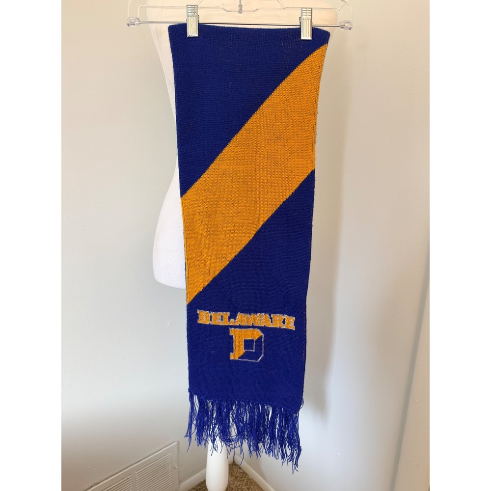 Vintage University of Delaware Blue Hens Knit Scarf Blue Yellow Fringe College